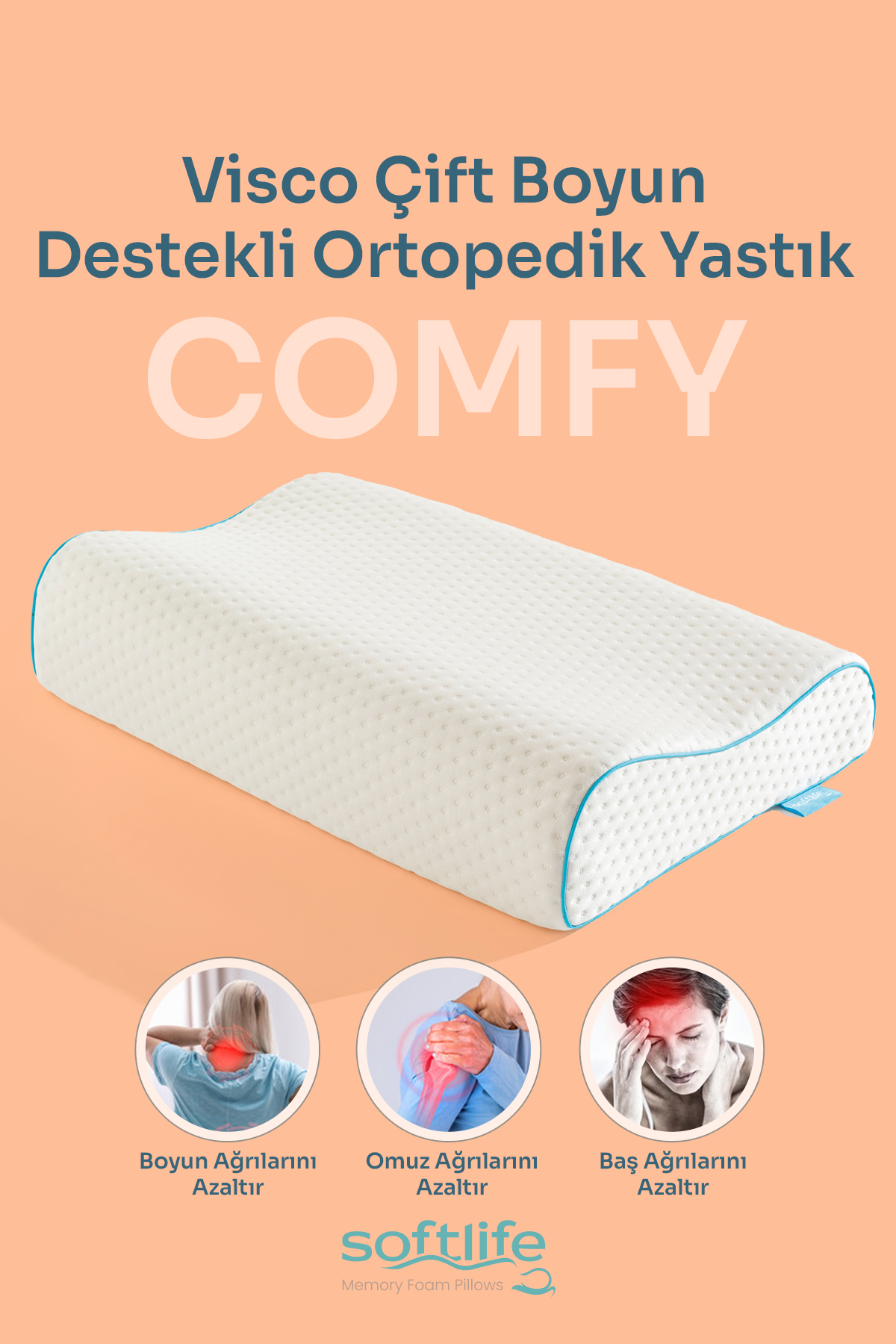 COMFY1 COMFY Visco Çift Boyun Destekli Ortopedik Visko Yastık - 60x40x12/10cm - Görsel 1
