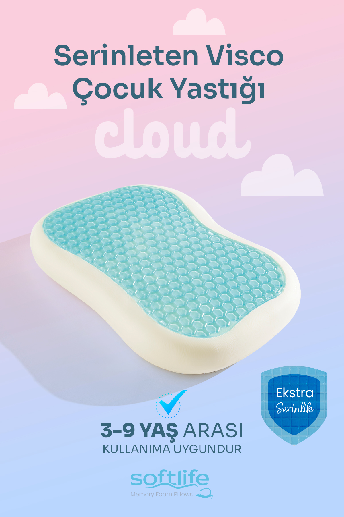 Cloud2 Cloud Serinleten Visco Çocuk Yastığı Jelli Visco Yastık Uyku Arkadaşı Serinleten Yastık 45x30x8 cm - Görsel 1