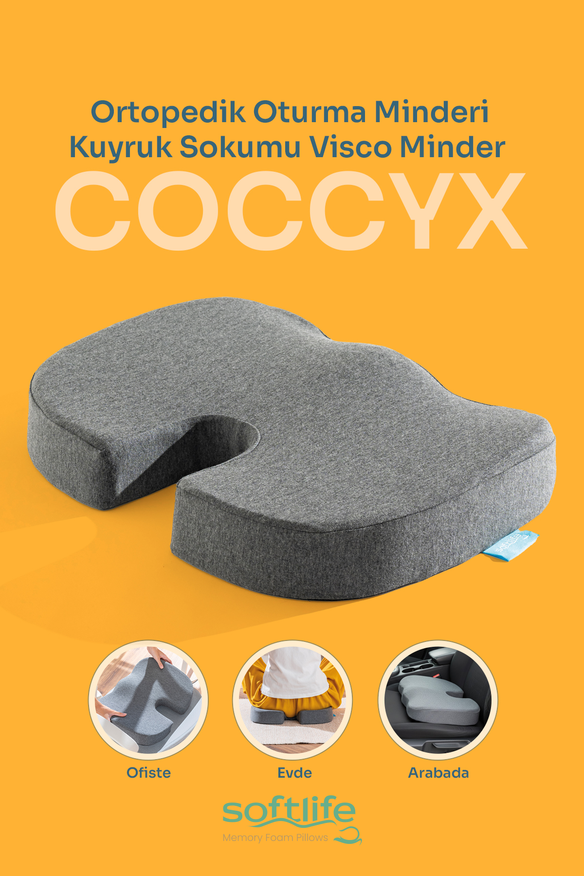 CoccyX1 COCCYX Ortopedik Visco Oturma Minderi Kuyruk Sokumu Visko Minder 45x34x7 cm - Görsel 1